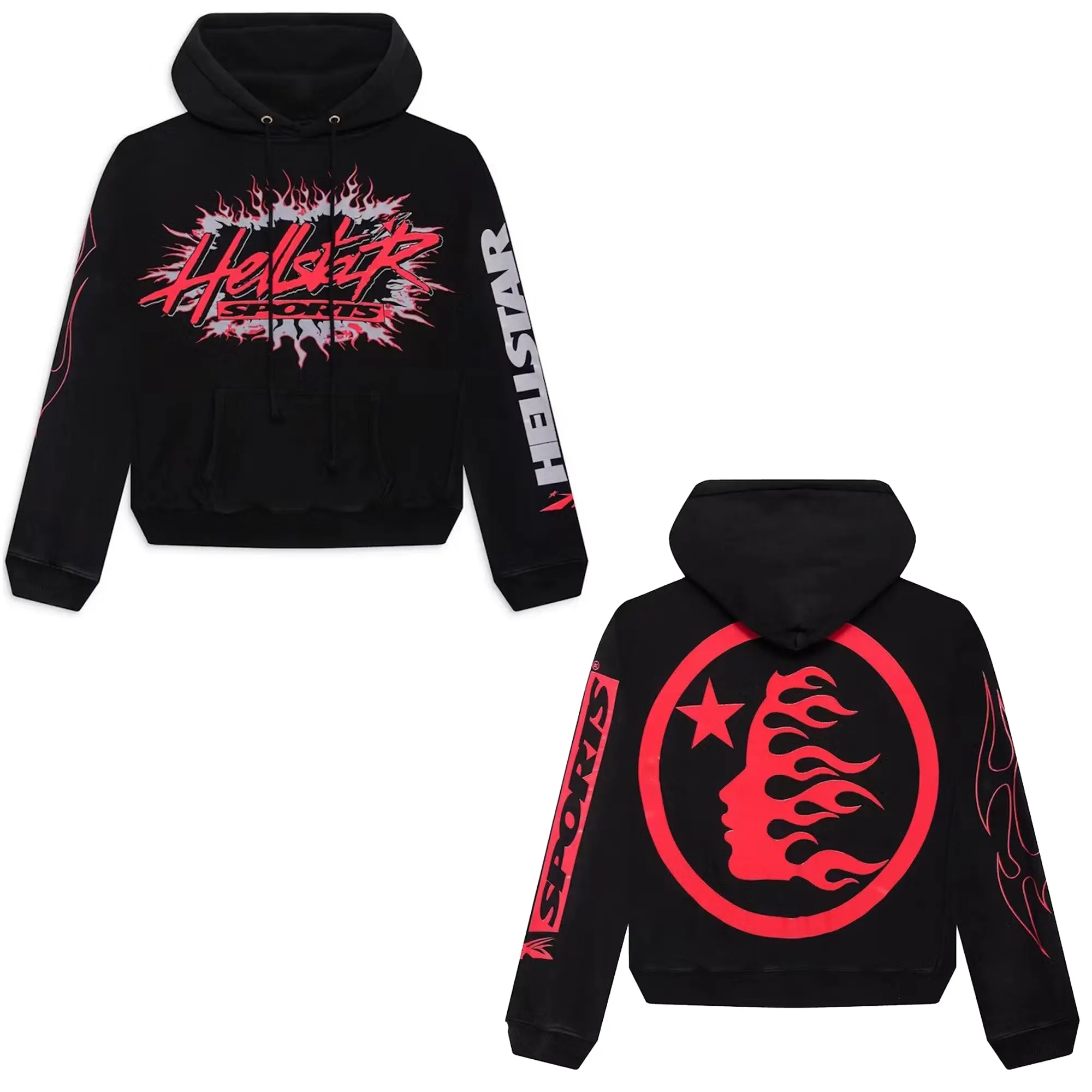 Hell STAr Flame Face Graphic Hoodie, Front Back Racing Streetwear Pullover, Sleeve Print Y2K Urban Sweatshirt, Bold Graphic Hoodie