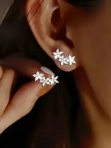 925 sterling silver five petal earrings with simple and sparkling all inclusive design, suitable for women and anti allergic, Flower Stud Earrings, Zircon Stud Earrings