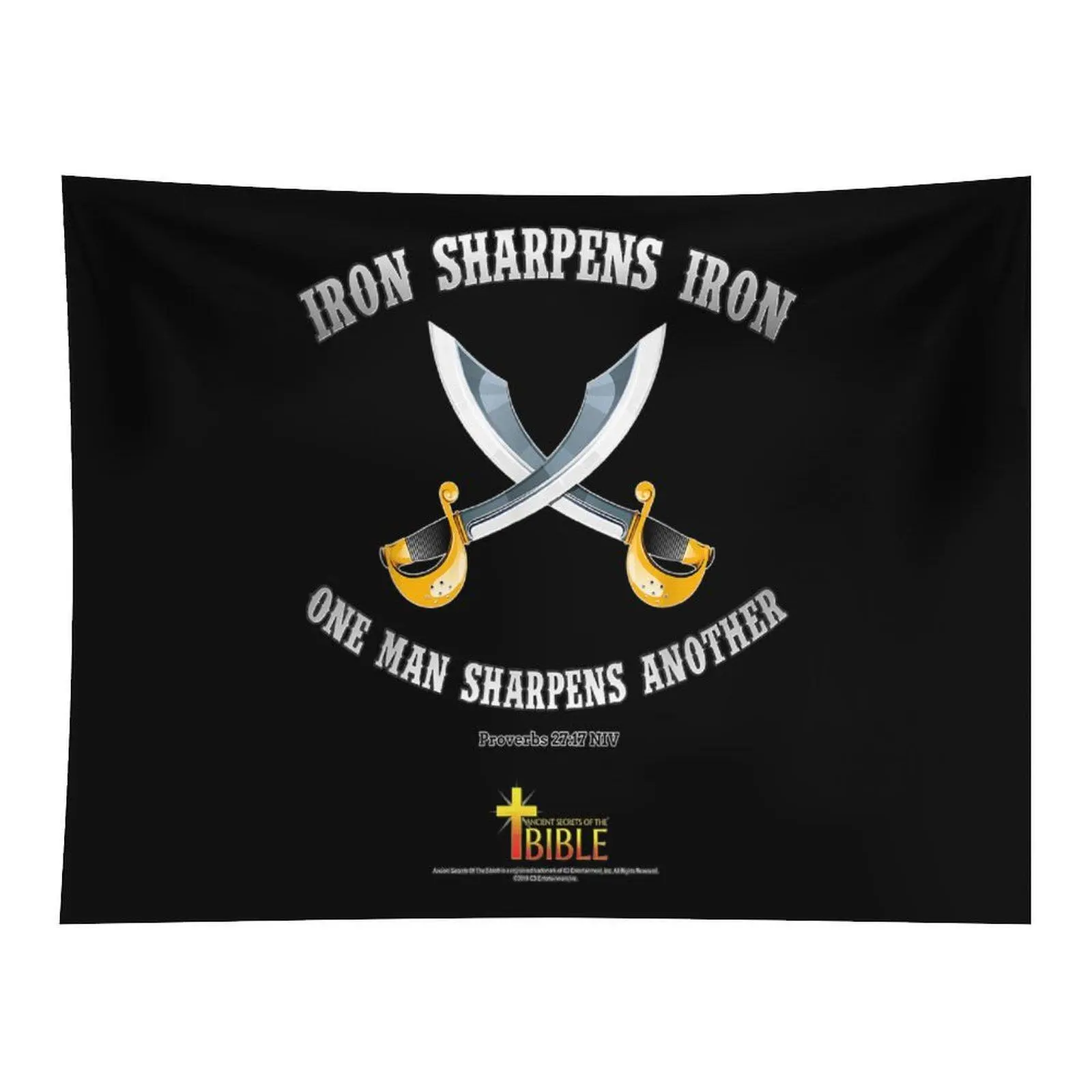 Christian Faith Fabric Wall Tapestry, Black Background Iron Sharpens Iron Cross Sword, Proverbs 27:17 Bible Quote Art, for Religious Space Wall Decor