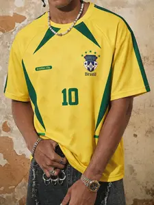 Men's Brazil #10 Retro Soccer Jersey, Sports Top, Lightweight Breathable Polyester, Yellow & Green National Team Color Block, Diamond Texture Mesh Fabric, Brazil Crest & "Brazilian city" Print, Ideal for Daily Wear, Street Style, Athletic Tops