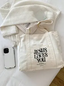 Letter Print Shopping Bag, Multi-Pocket Casual Bag, Letter Printed Bag, Jesus Loves You Christian Print Cosmetic Bag, Large Capacity Tote Bag, Casual Hobo Bag Crossbody Bag For Graduates, Teen Girls, Seniors