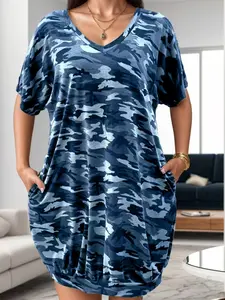 Plus Size Women's Short Sleeve Dress, V Neck Camouflage Design, American Vintage Style, Perfect for Daily, Everyday and Casual Wear