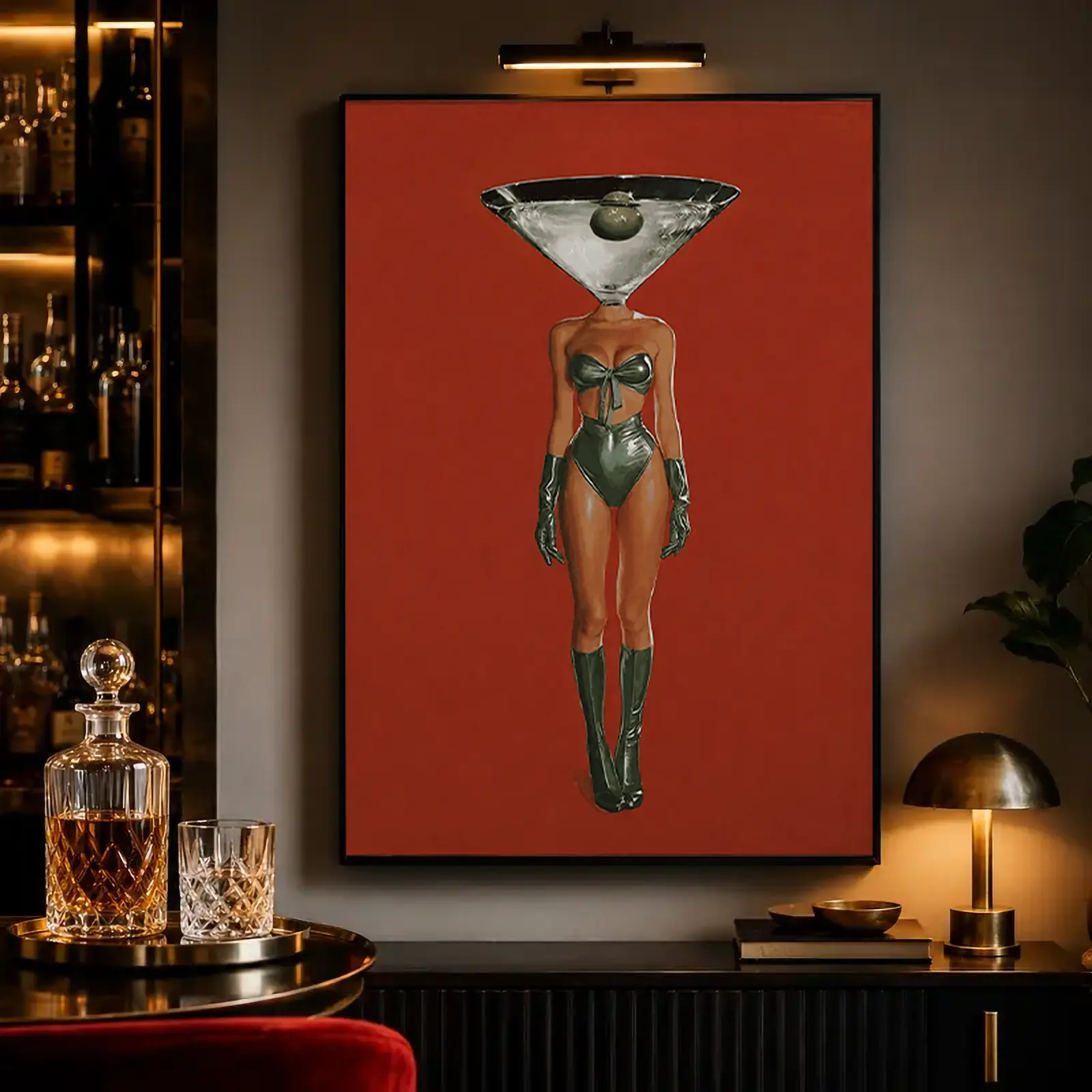 Retro Martini Lady Figure Canvas Wall Art, 2D Flat Print Poster Wall Decor, Cool Room Decor Ornaments Wall Art Print Gift for Christmas, Birthday, Valentine’s Day, Bar, Living Room Wall Decoration bedroom wall decor