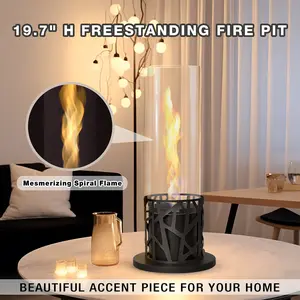 Portable Modern Round Tabletop Tornado Bio Ethanol Fire Pit - 19.7"h Freestanding, Compact, Odorless, Smokeless, Tempered Glass Indoor/Outdoor Fireplace with Mesmerizing Spiral Flame
