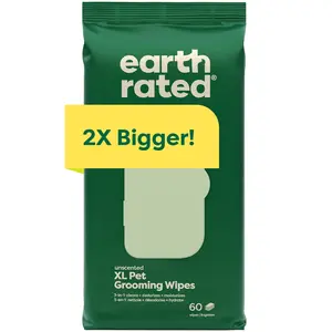 Earth Rated | XL Pet Grooming Wipes 3-in-1 Hypoallergenic Cleaning Deodorizing & Hydrating for Dogs & Cats 60 Count Unscented Removal Wet 2X Bigger