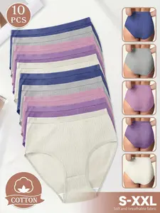 10-Pack Cotton High-Waist Women's Underwear, Everyday Tummy Control Butt Lifting, Soft Breathable Fabric, Summer Triangle Solid Seamless Panties