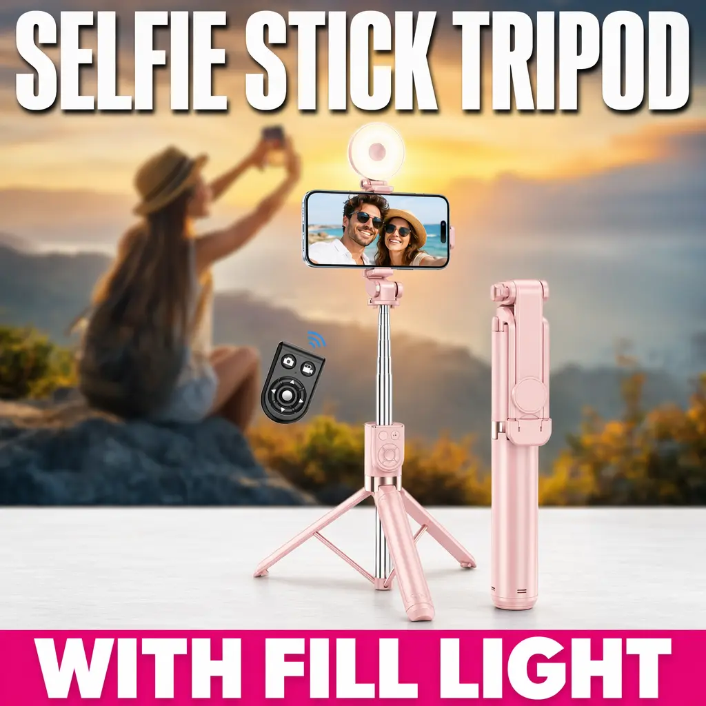 Bluetooth Selfie Stick Tripod, Stainless Steel Compact Phone Holder with Rechargeable Remote Control and Fill Light, for Cell Phone Landscape Recording, Vlogging, Travel and Self‑Portrait Shooting