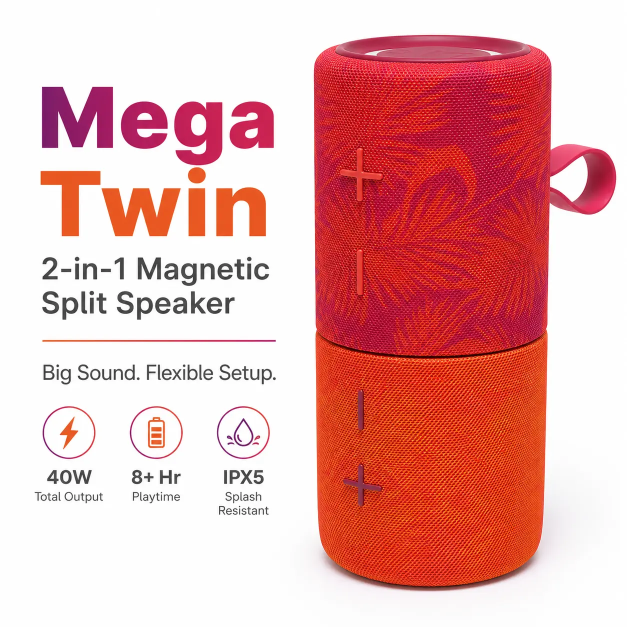Detachable Speaker,Mega Twin Magnetic Split Bluetooth Speaker, 40W Portable Wireless Speaker with Detachable Design, Stereo Sound, IPX5 Waterproof Outdoor Speaker for Party, Camping, Home & Travel