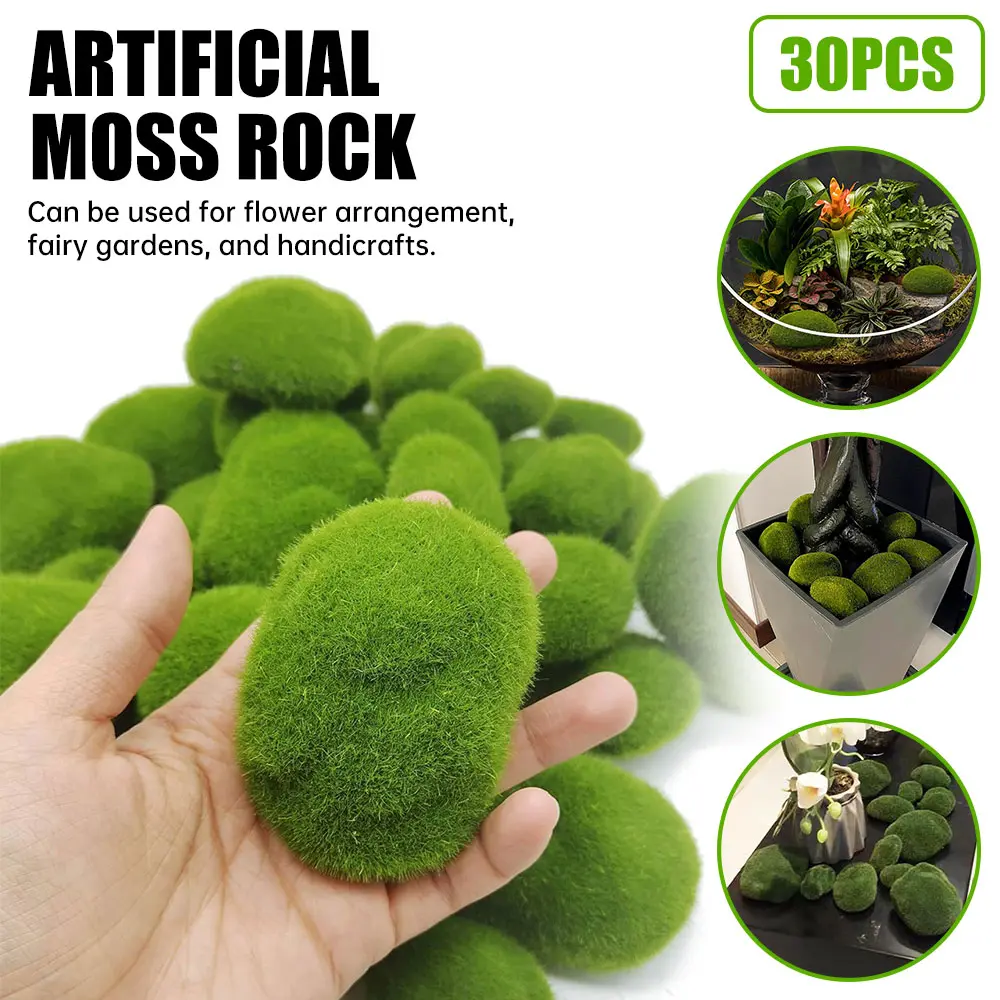 30-Piece Eco-Friendly Artificial Moss Rocks Set - Lightweight, Waterproof Foam Fuzzy Green Fake Stones with Photorealism, Landscape & Floral Decor Accents for Indoor Home Fairy Aesthetic DIY Potted Plant Projects, Decoration