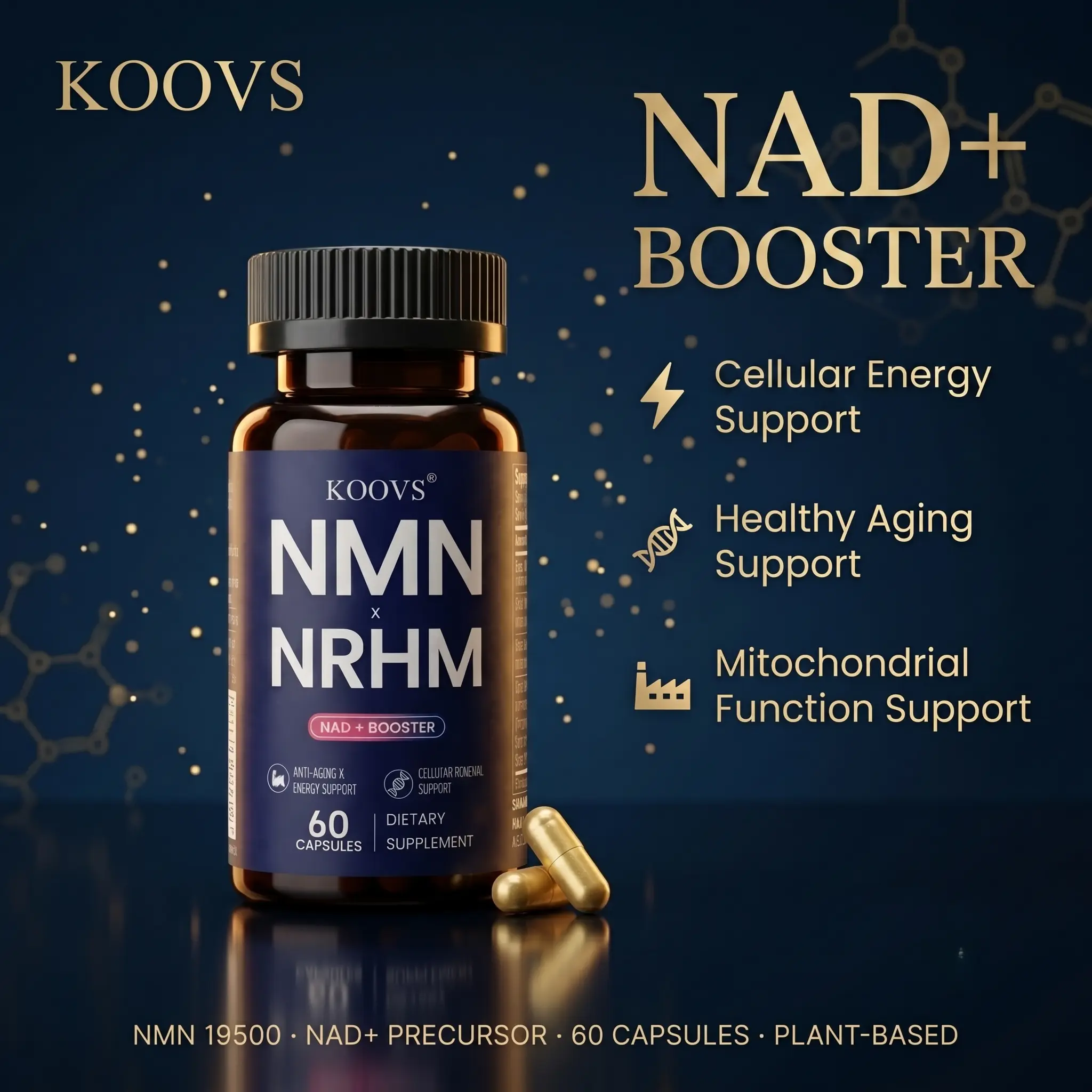 KOOVS NMN Dietary Supplement with Quercetin, TMG, Resveratrol Complex - Prop 65 Safe Heart Vitamins Supplement - Supports Cellular Energy, NAD+ Levels - Back to School Wellness Support, Heart Vitamins Supplements