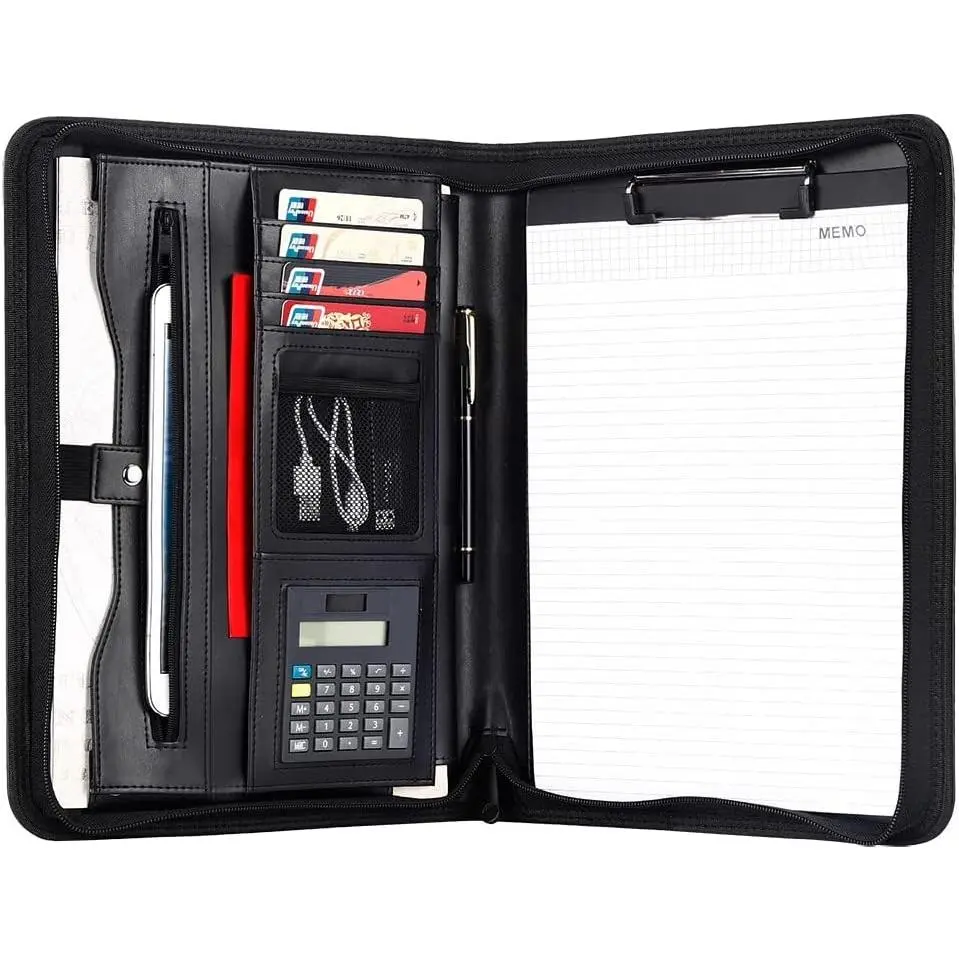 Leather Portfolio Professional Business Padfolio with Zipper - Interview Resume Notefolio  Legal Document Organizer with Card Holder, Writing Pad and File Folders for Men and Women