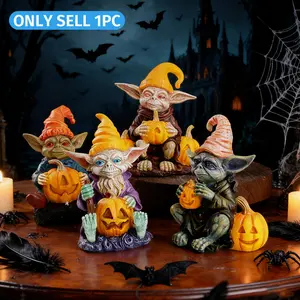 Halloween Decor Cartoon Goblin Holding Pumpkin, Resin Hand-Painted Halloween Theme Indoor Desktop Decoration, Festive Atmosphere Enhancer