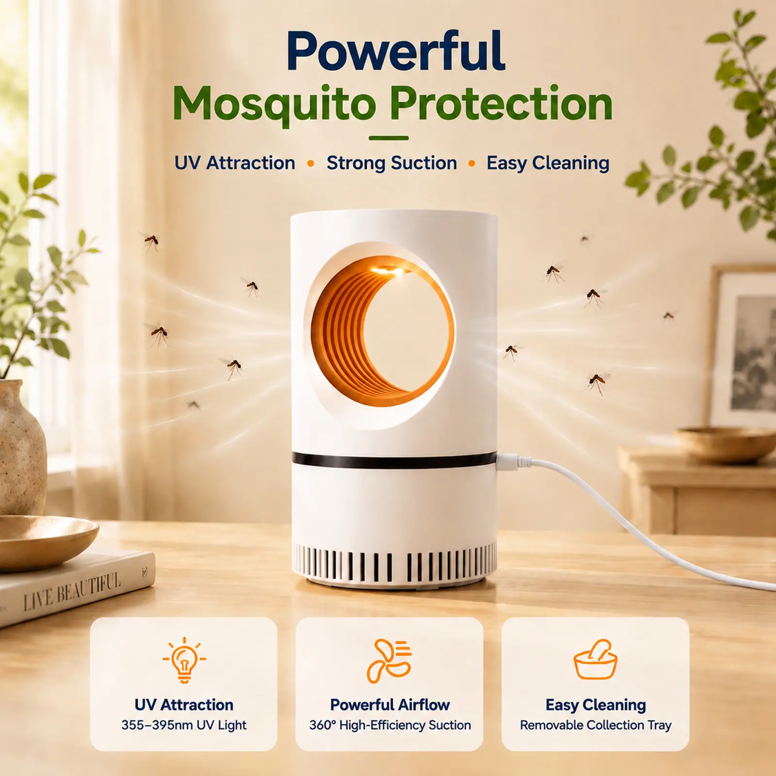 Indoor Mosquito Trap, UV Light Attraction Bug Catcher, USB Powered Strong Suction Insect Trap Easy‑to‑Clean for Bedroom Living Room