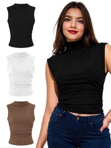 womenswear solid color mock neck ruched tank top, comfort basic sleeveless top for daily outdoor wear, minimalist back to school top, summer outfits, y2k clothes,  downtown girl clothes
