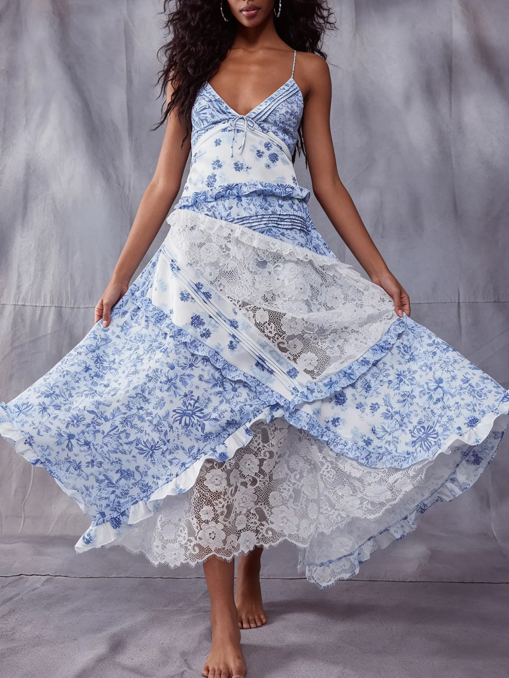 Women's  Floral Maxi Dress, Spaghetti Strap V Neck Backless Lace Ruffle Tiered Long Dresses for Summer Beach Wedding Cocktail Party Cute Fashion