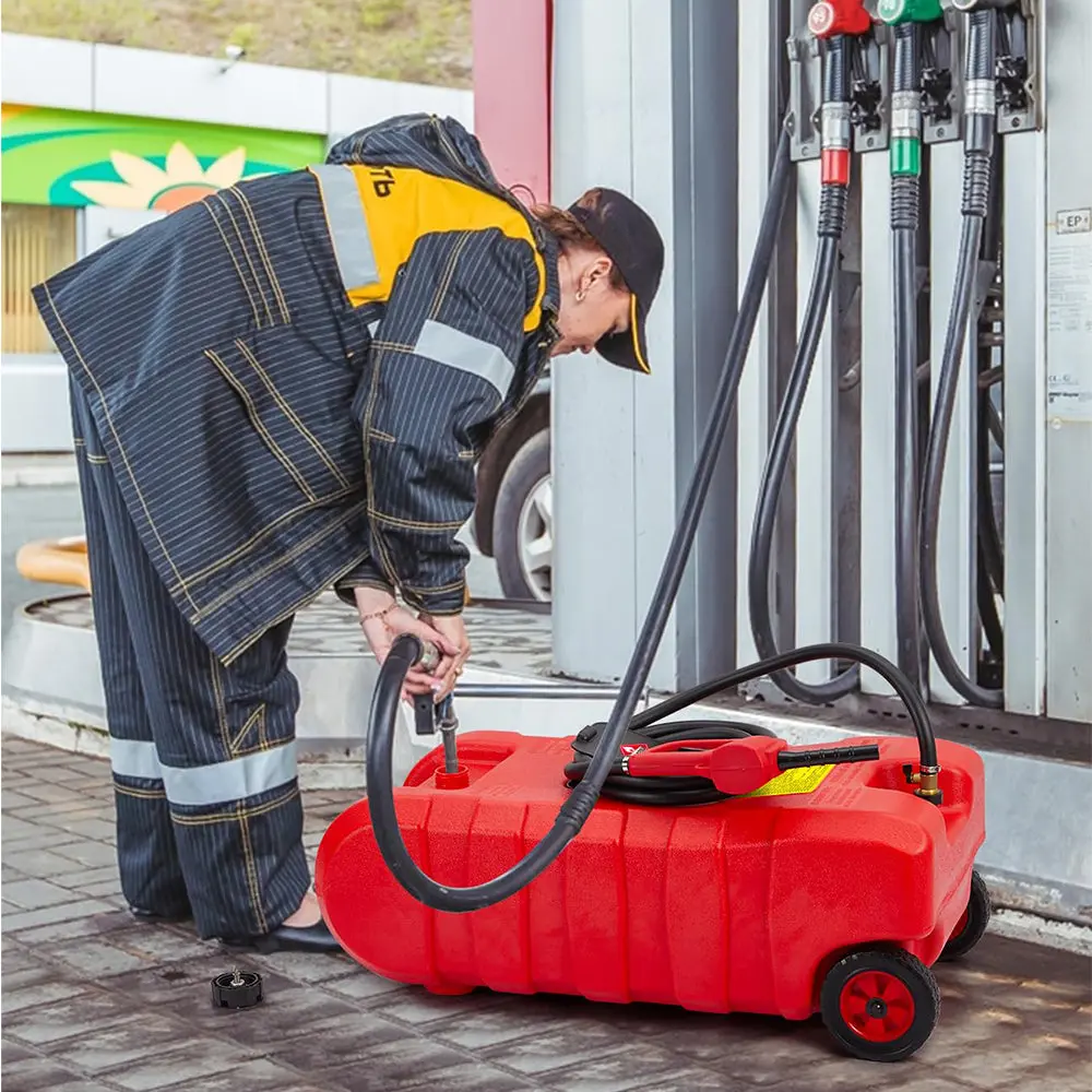 GARVEE 15 Gallon Portable Fuel Caddy – Heavy Duty Gasoline & Diesel Transfer Tank with 10-ft Hose, Self-Priming Siphon Pump, High Flow Manual Nozzle (7.5 L/min) – Rapid Fuel Transfer Solution for Trucks, Tractors, Boats, Lawn Mowers – Durable Red