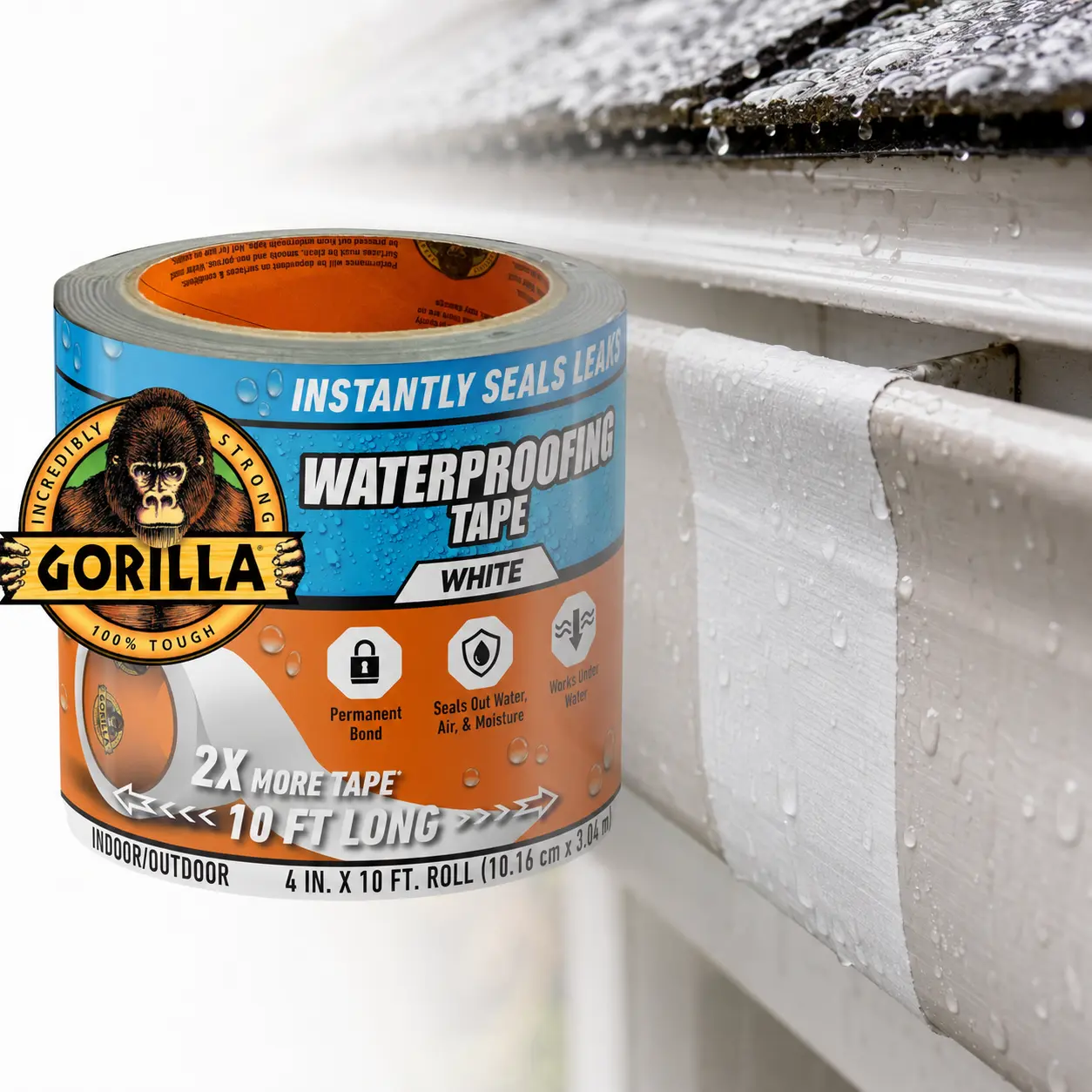 Gorilla Glue White Waterproof Patch and Seal Tape 10 Foot Roll,flexible backing,stretchable,hot and cold weather,wet surface repair,quick fix,sunroof,shower base,drainpipe,pond liner,inflatable,trailers,kayaks,vinyl,rubber,plastic,metal,glass,wood,ceramic