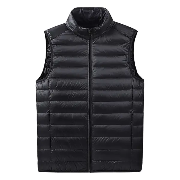 Men's Plain Woven Sleeveless Puffy Vest - Menswear Tops, Polyester Fiber-Filled, Stand Collar, Zipper Pockets, Lightweight, Stylish, Machine Washable