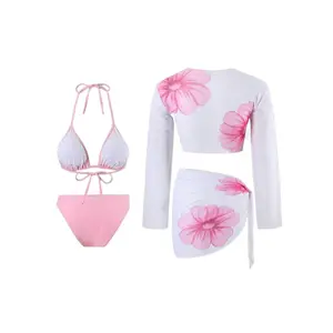 Sets for Women 4 Piece Floral Print Halter Triangle Swimsuit Cover Up Sets Two Piece Bikini Top Shorts Combo High Waisted Flattering Tummy Control Snatched Waist Bathing Suit for Midsize Curvy Women rash guard tropical style