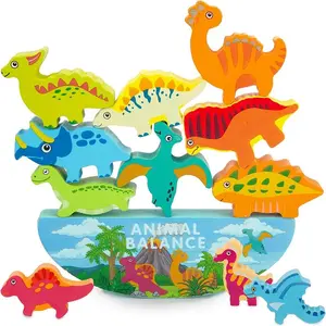 Wooden Dinosaur Stacking Balance Toy, 12pcs/set Colorful Dinosaur Stacking Game, Hand Eye Coordination Training Toy, Perfect Birthday Gift, Family Fun Game, Wooden Block