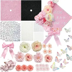42PCS Graduation Cap Decorations Kit 2026, Pink DIY Grad Cap Topper Set with Glitter Topper Boards, 3D Butterflies, Letter Stickers, Pearls, Rhinestones, F