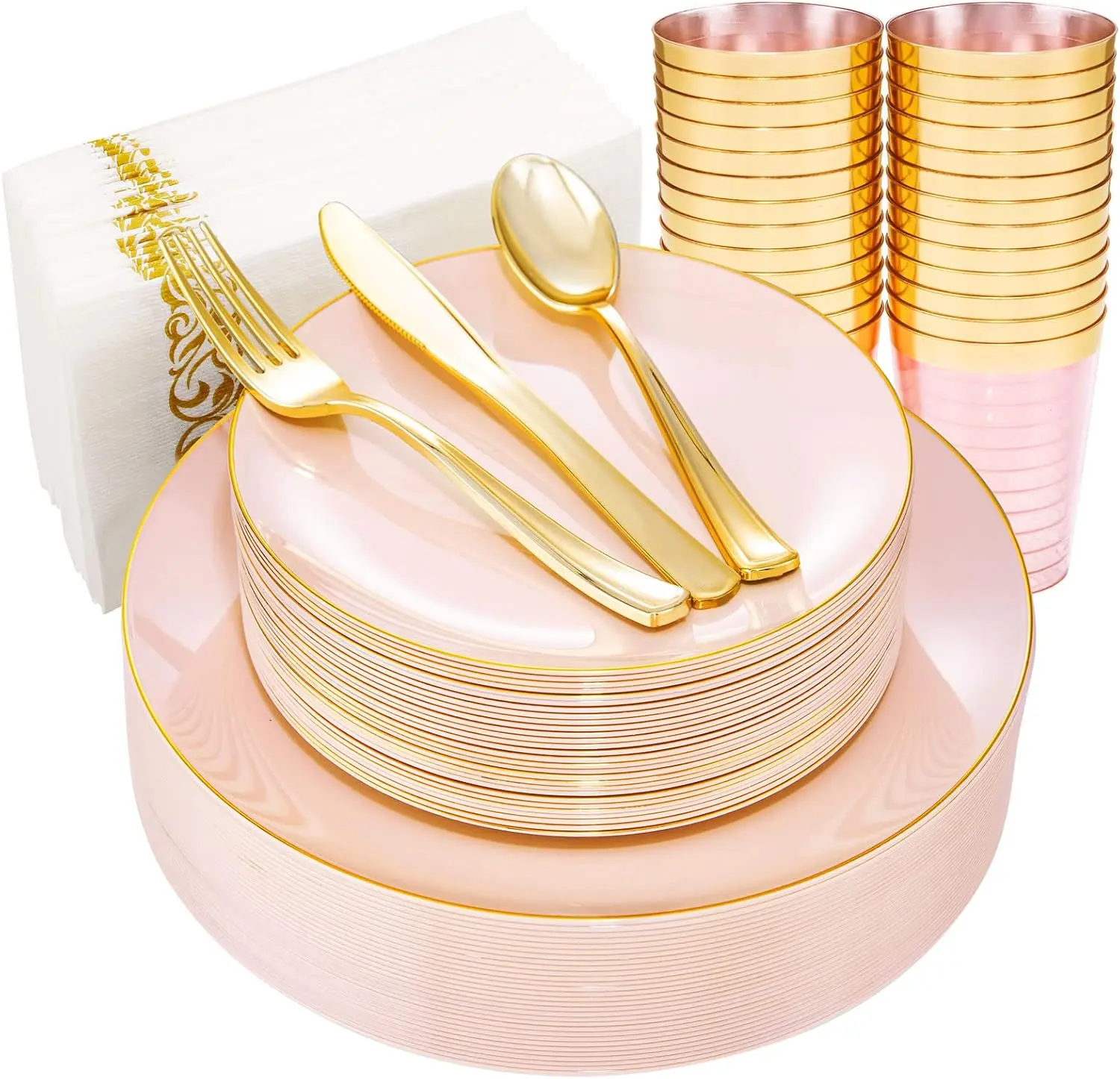 210Pcs Plastic Pink Plates with Gold Plastic Silverware Set Include 30Pink Dinner & 30 Dessert Plates, 90Gold Cutlery, 30Gold Cups, 30Napkins, Pink Dinnerware for Valentines&Mother's Day, Gift, Disposable, Knives