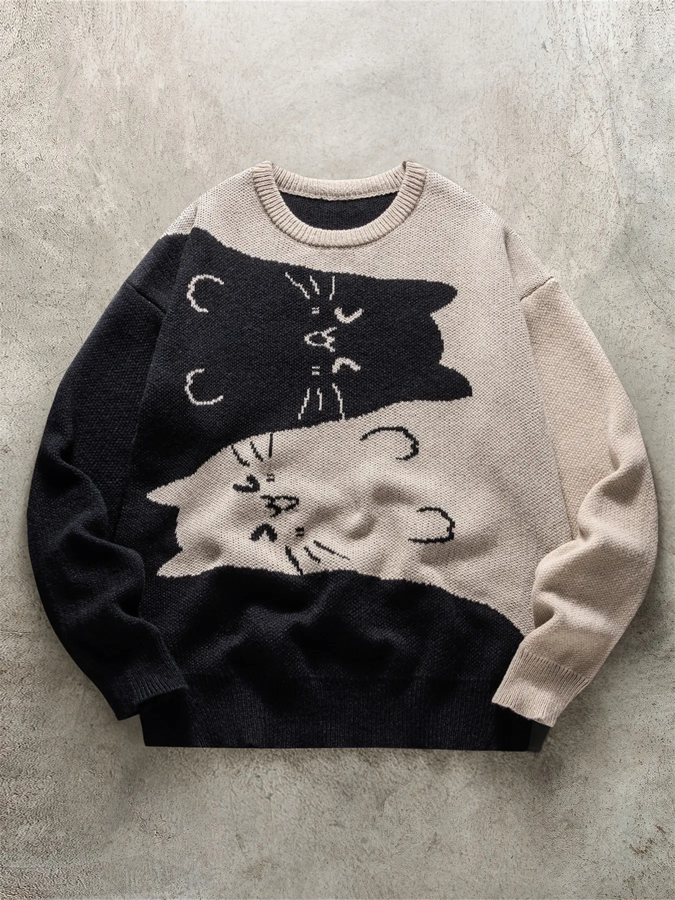 Men's Fall Winter Cat Pattern Knitted Sweater, Casual Cozy Design Pullover, Casual Fitted Round Neck Knitwear, Soft Warm Skin-Friendly Fabric, Unisex Daily Wear