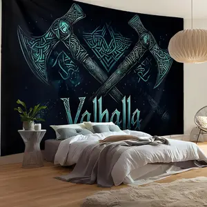 1pc Large Fantasy Axe Design Tapestry- Valhalla Theme with Celtic Knots& Stars, Vibrant Blue Wall Hanging for Living Room, Bedroom, Office Decor& Streaming Background, Premium Peach Light Beige Fabric, Horizontal Orientation