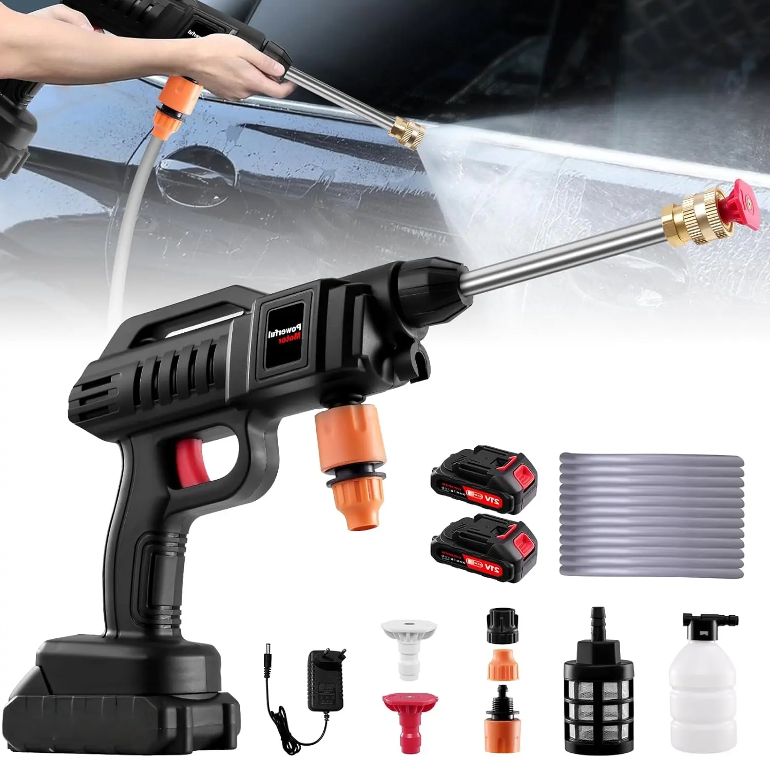 Cordless Pressure Washer, 1500W 21V Portable Power Washer, Rechargeable Battery Pressure Washer with 5M Hose & 3 Nozzles, Electric Pressure Washers for Car Patio Garden Cleaning Watering