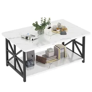 Hooseng 39" Modern Faux Marble Coffee Table with 2-Tier Storage Shelf, Sturdy Black Metal X-Frame, Easy Assembly, Durable & Easy Maintenance, Living Room Furniture for Office & Apartment