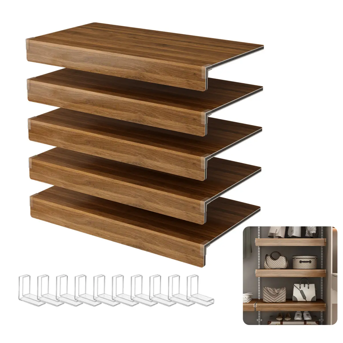 Walnut Synthetic Wooden Look 5-Pcs 30x16 in Foamed PVC Wire Shelf Covers - Removable Modern Dust Covers for Kitchen Cabinet Pantry, Kitchen Shelving Decoration (Non-Wood), Wood Grain