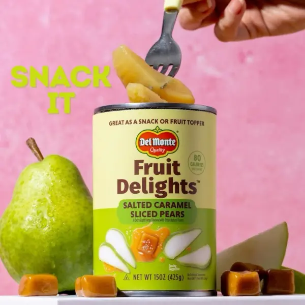 Fruit Delights Sliced Pears with Salted Caramel in Extra Light Syrups - 15 oz. Cans, 12 Pack, Halal Fruity Ambient Healthy Snack for Baking and Desserts