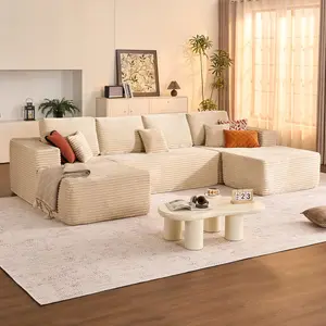 ModMood Compress Sofa Sectional Boneless Corduroy Cloud Sofa 133x70" Extra-Large Retro-Chic Fabric 7 Pillows Modular U-Shaped Movable Ottoman No Assembly Pet Kid Friendly Fluffy Memory Foam Modern Modular sectional  couches family living room outdoorfun