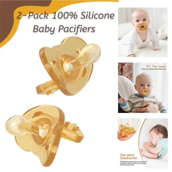 Baby Pacifiers 2-Pack - 100% Soft Silicone Soothers with Handle Grips, Air Holes, Orthodontic BPA-Free Cute Moon Flat Design for Newborns 0-6 Months, Soft Silicone Soother