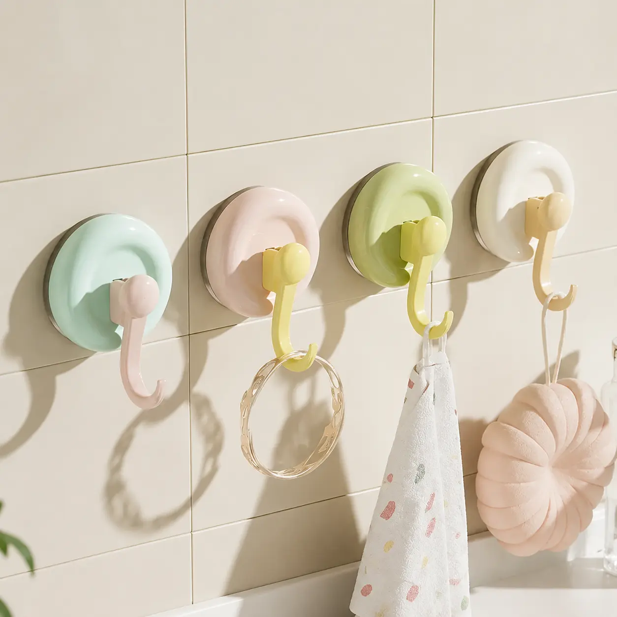 4-Pack New Dopamine Suction Hooks, Adhesive Wall Mount Clothes Hangers, Bathroom Towel Holders, No Trace Glue Hooks