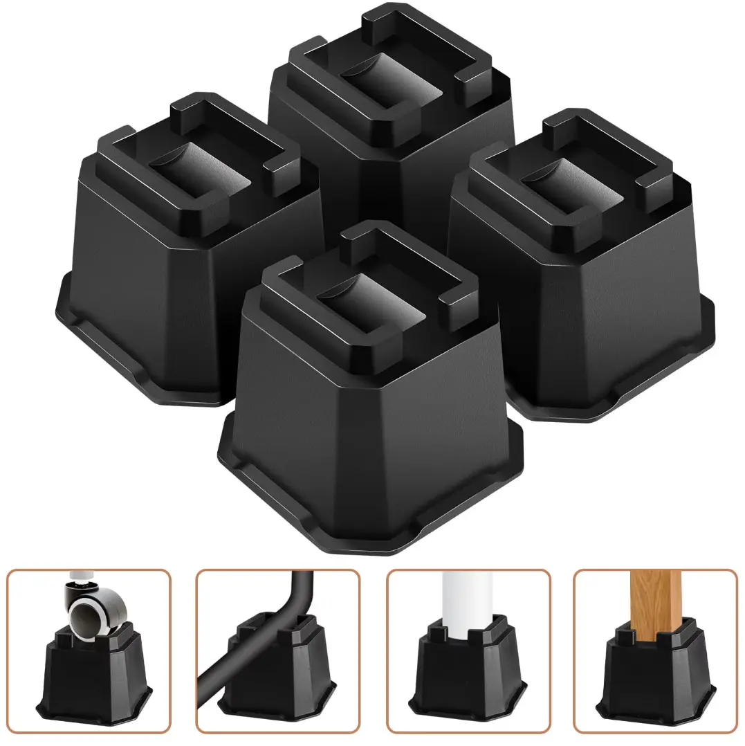 4-Pack Durable 4" Heavy-Duty Bed Risers with Anti-Slip Rubber Base, Adjustable, Fits Round/Square Legs, Lifts Off Floor, Helps Relieve Back, Ideal for Furniture & Chairs, Boosts Storage Space & Optimizes Height for Better Sleep