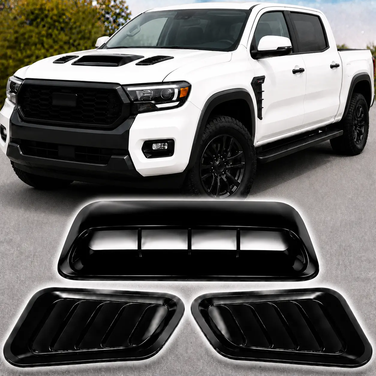 Universal Car intake hood vent&side fender vents，cover decorative ABS fake air vent modification intake,Car Air Flow Intake Hood Scoop Vent Bonnet Cover, Accessory 3D Shark Gill Side Fender Vent 2PCS,caraccessories