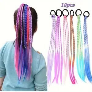 10pcs Rainbow Colored Braided Hair Extensions with Elastic Bands - Body Wave Synthetic Hairpieces for Women & Men, Multi-Color Ponytail Accessories for Parties, Cosplay, Dress Up, Party Hair Accessories | Elegant Hairpiece |  , Cute Hair Accessories