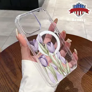 Purple Tulip Pattern Magnetic Phone Case for iPhone 15 16 14 Pro Max 13 12 11 XR XS Plus E Anti-Yellowing Shockproof Lightweight Transparent Acrylic Large Hole Soft Cover Supports Wireless Charging
