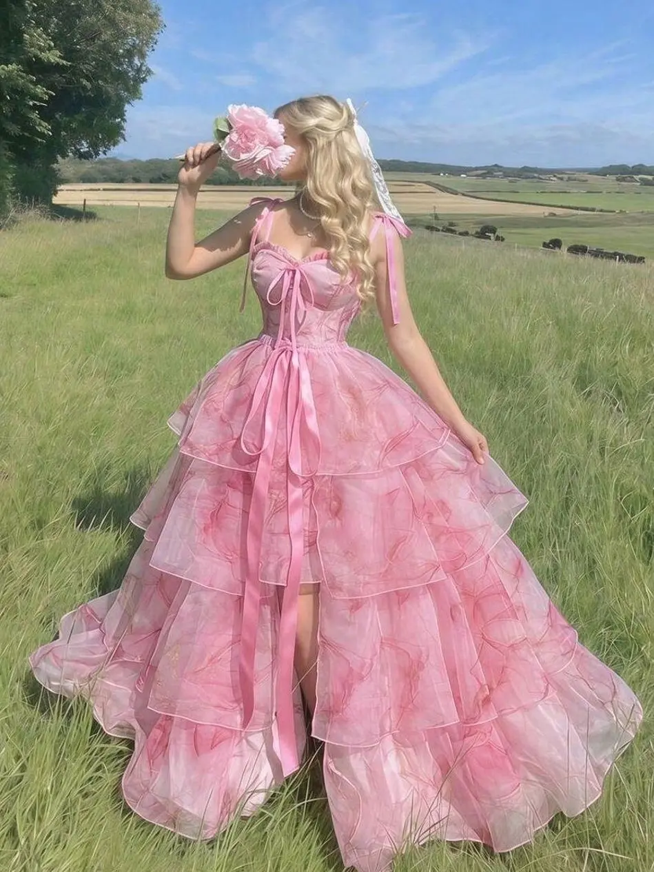 Women's Floral Tulle High Low Dress, Bow Strap Cottagecore Maxi Dress with Detachable Layered Skirt, Elegant Wedding Guest, Garden Party & Summer Dress