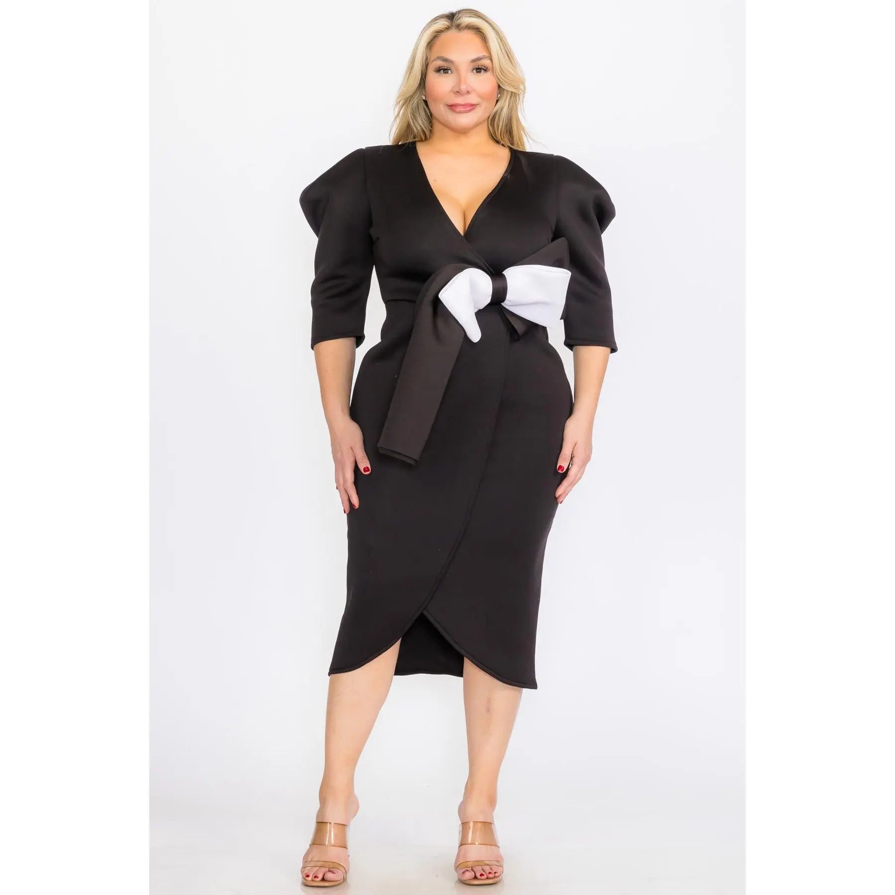 Plus Size Puffy Cap 3/Sleeves Wrap Peplum Midi Dresses with Bow Waist Detail