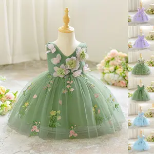 3D Flower Anniversary Avocado Baby Girls Clothes 182 Infant Birthday Cocktail Dress Toddler Pageant Newborn Ball Gown Princess Baptism Frock 6M-3Y