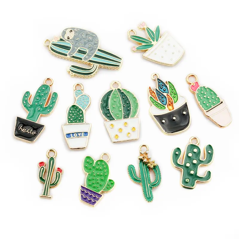10pcs Enamel Cactus Flower Plant Charms Pendant for Jewelry Making Supplies Oil DIY Necklace Earrings Findings Accessories
