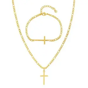 Stately Steel Double Layer Cross Necklace and Bracelet