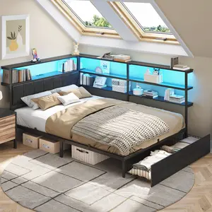 Corner Bed Frame with Storage Bookcase, Kids Bed Unit with Charging Station and LED Light, Platform Beds with Storage and Charging Station, with 2 Underneath Drawers