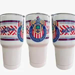 Liga MX Termo Chivas de Guadalajara 30 oz stainless steel tumbler silver and white. Personalized cup chivas