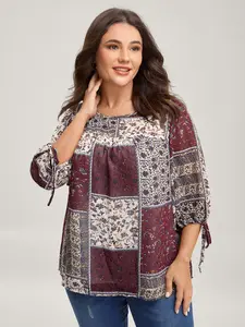 BloomChic Plus Size Women's Casual Boho Breathable Collage Print Top - Round Neck, Long Lantern Sleeves, Regular Length, Multicolor Knot Detail, Casual Fit, [M-6X] 2026 Summer Pick Boho Style Shirt Swimweek
