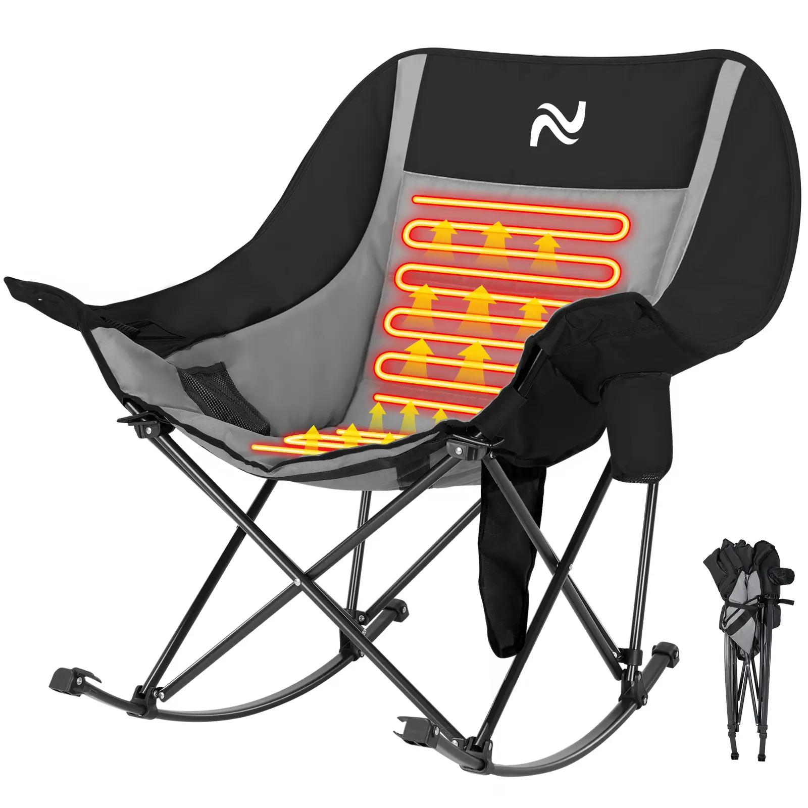 SLSY Heated Oversized Rocking Camping Chair, Outdoor Padded Recliner Folding Lawn Chair with Side Pocket, Portable Heated Rocking Chair for Camping, Patio, Sports Events & Outdoor Relaxation 【Battery Not Included】
