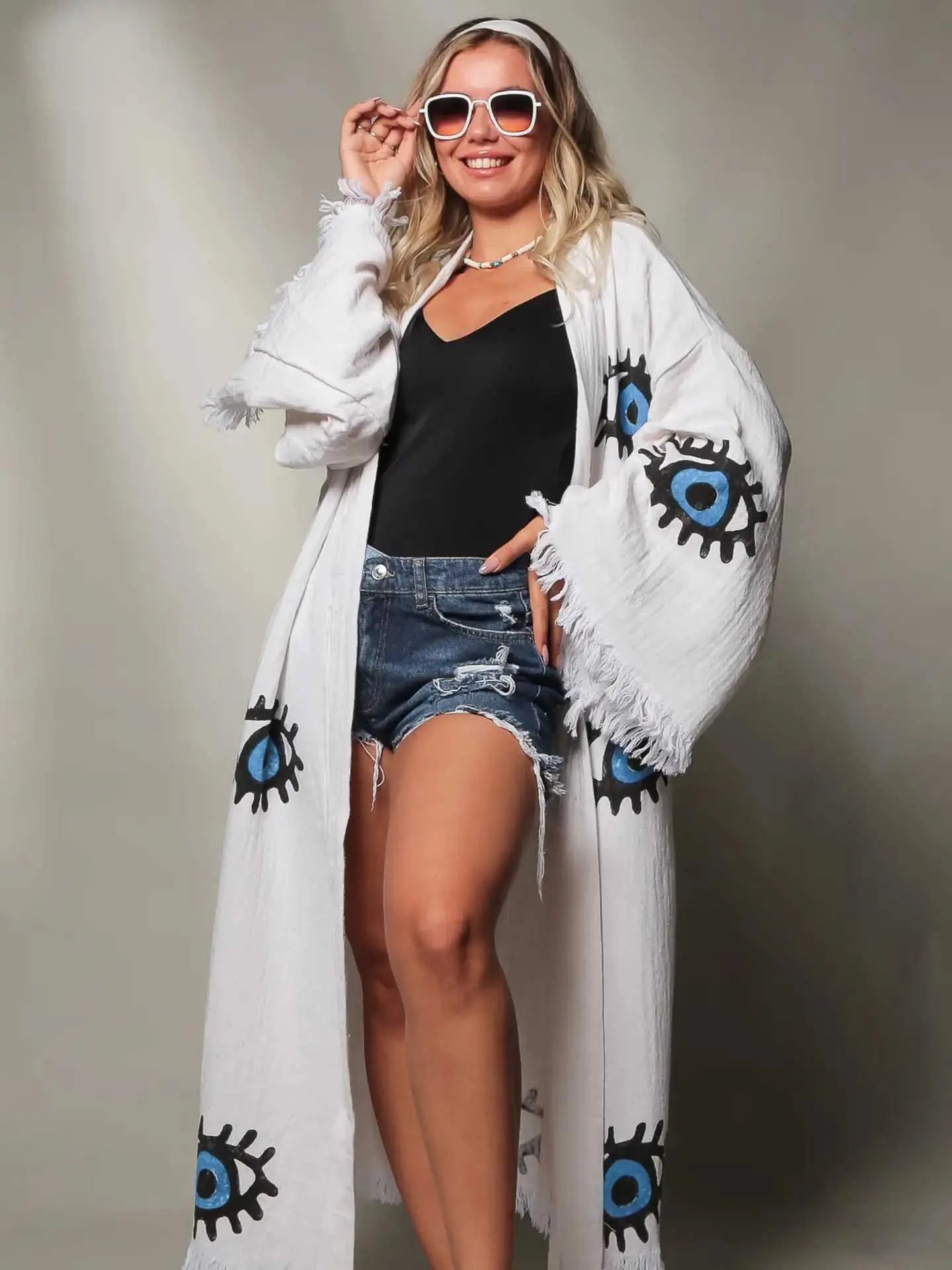 Evil Eye Long Organic Cotton Kaftan Kimono Robe Comfortable Breathable