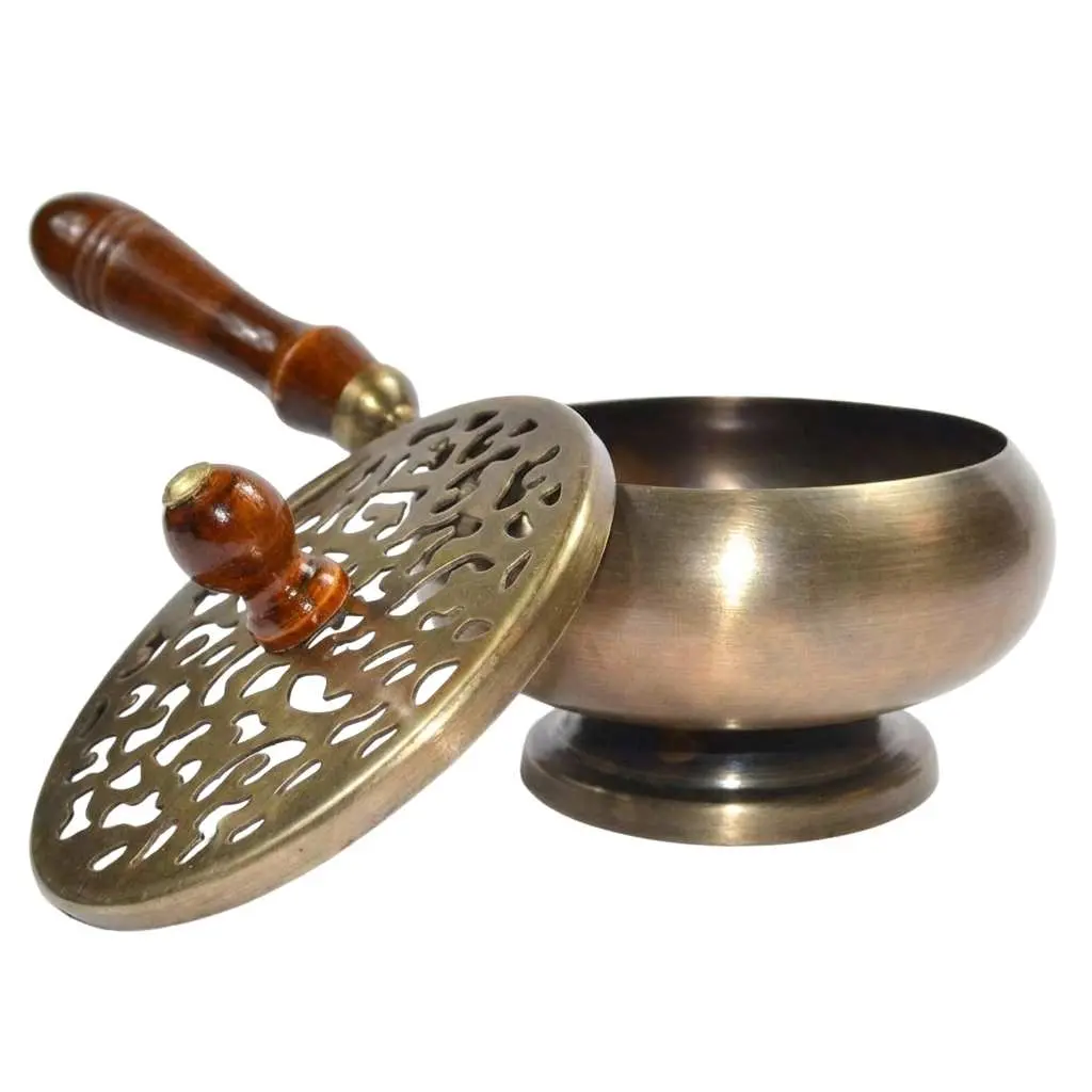 Brass Incense Burner With Wooden Handle 3 in. Bowl 9 in. Length — Charcoal Cone and Resin Censer